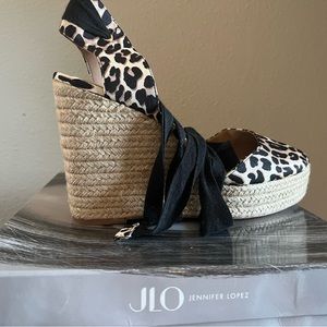 JLO ankle wrapped leopard wedges size 10